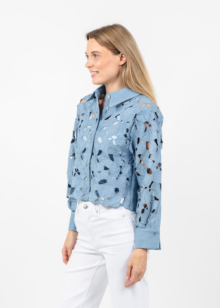 BK Araya Cut-out Floral Blouse in Denim available at Barbara Katz