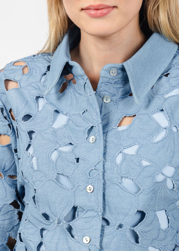 BK Araya Cut-out Floral Blouse in Denim available at Barbara Katz