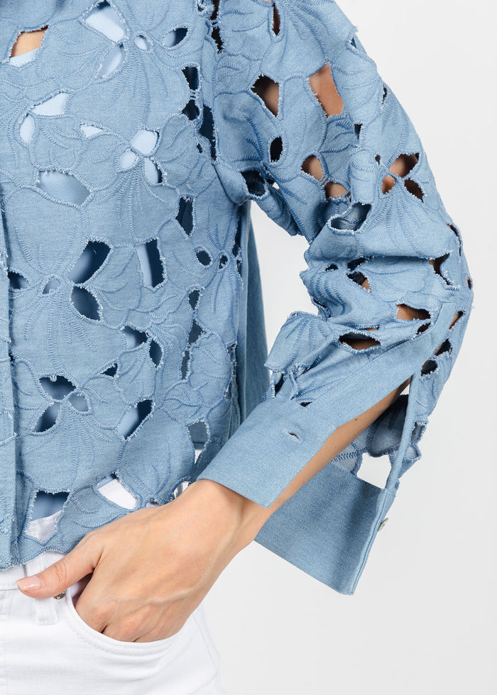 BK Araya Cut-out Floral Blouse in Denim available at Barbara Katz