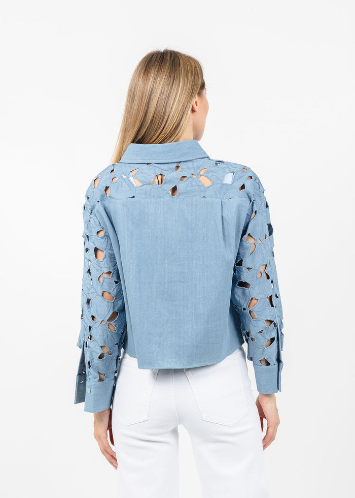 BK Araya Cut-out Floral Blouse in Denim available at Barbara Katz