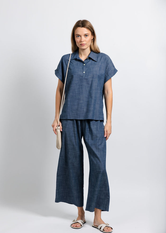 Nally & Millie Ariel Polo in Chambray paired with matching Ariel Pants available at Barbara Katz