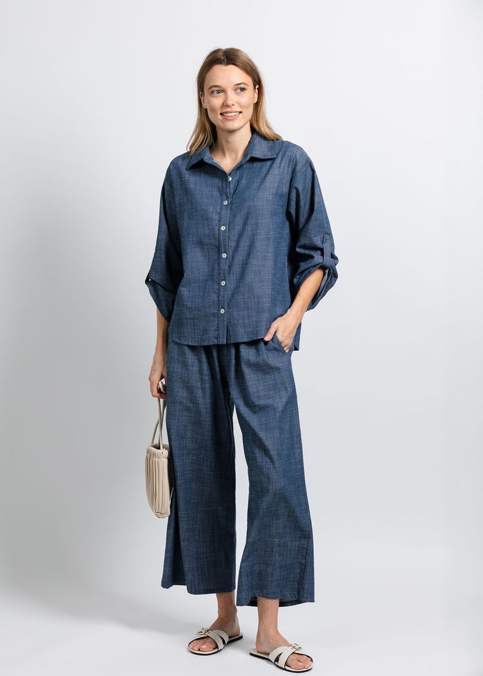 Nally & Millie Ariel Button Down Shirt in Chambray paired with matching Ariel Pants available at Barbara Katz