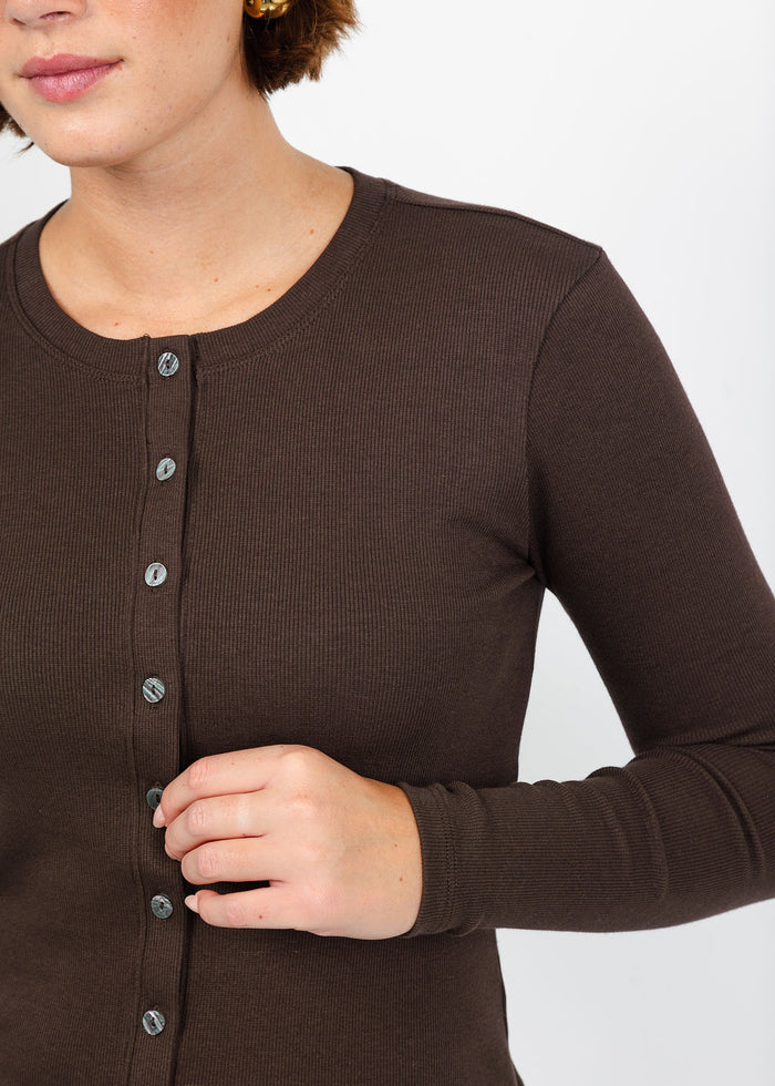 Goldie Audrey Crew Cardigan in Coffee available at Barbara Katz