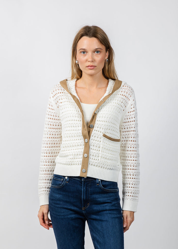 BK Avery Mixed Media Hooded Cardigan in Ivory available at Barbara Katz