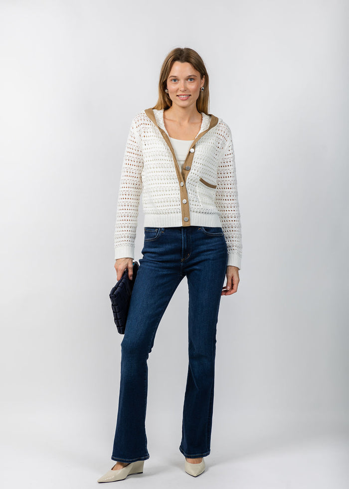 BK Avery Mixed Media Hooded Cardigan in Ivory available at Barbara Katz