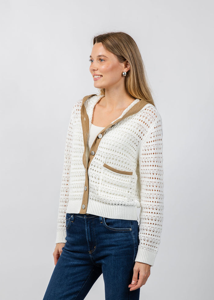 BK Avery Mixed Media Hooded Cardigan in Ivory available at Barbara Katz