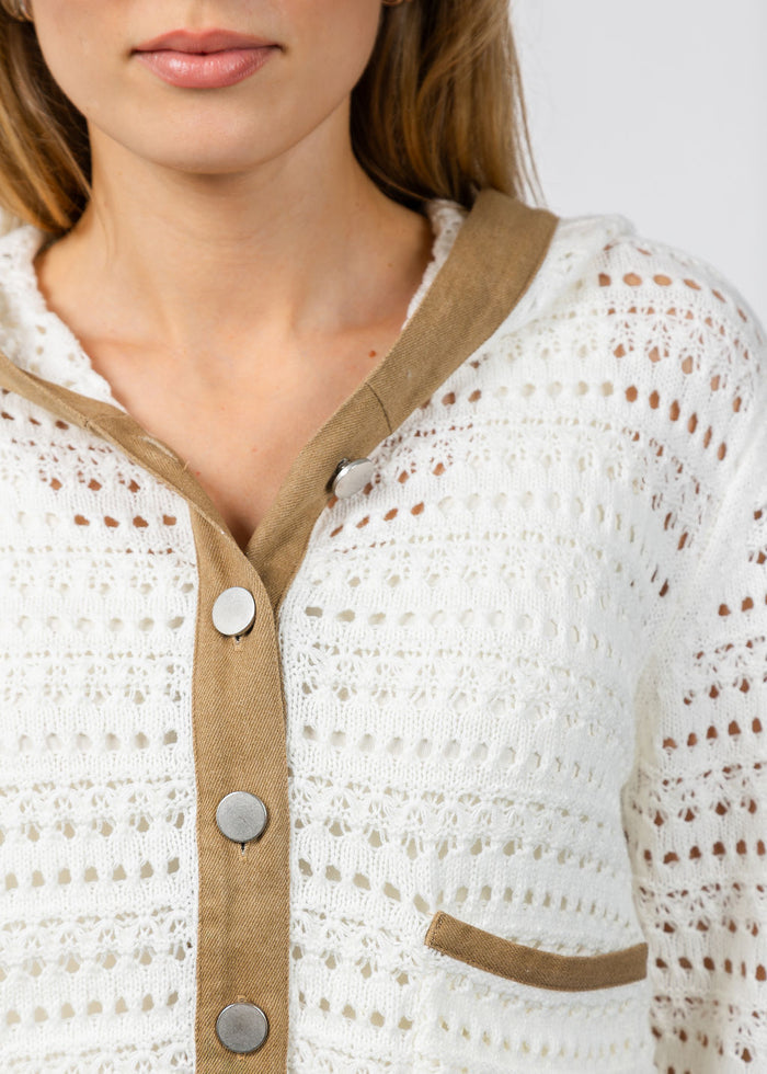 BK Avery Mixed Media Hooded Cardigan in Ivory available at Barbara Katz