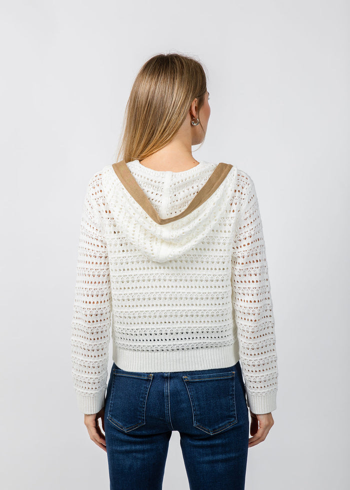 BK Avery Mixed Media Hooded Cardigan in Ivory available at Barbara Katz