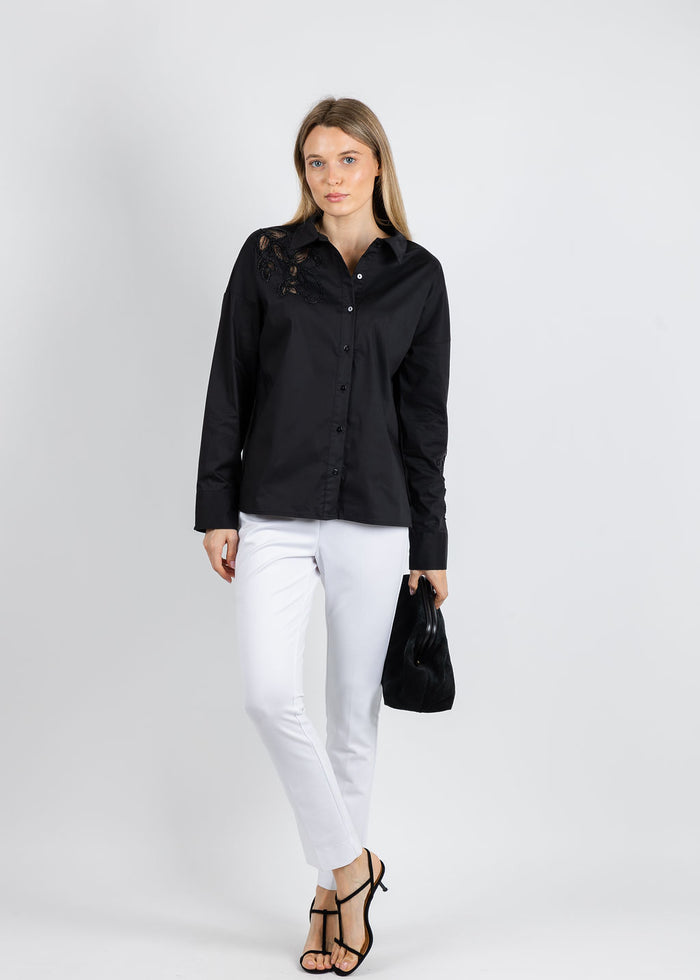 Leo & Ugo Beaded Flower Button Down Shirt in Black available at Barbara Katz