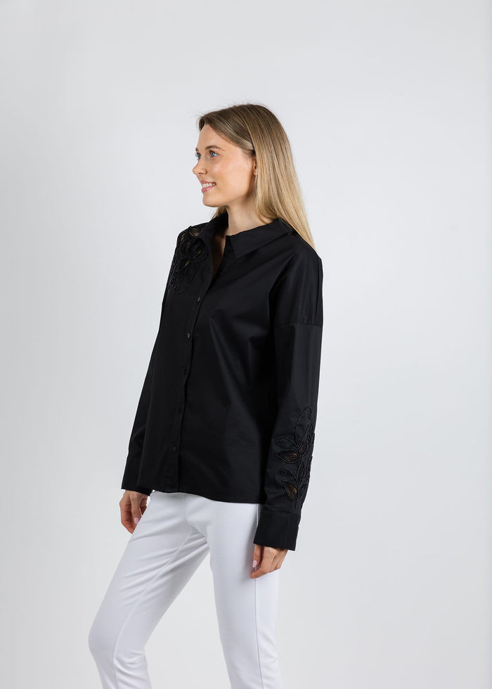 Leo & Ugo Beaded Flower Button Down Shirt in Black available at Barbara Katz