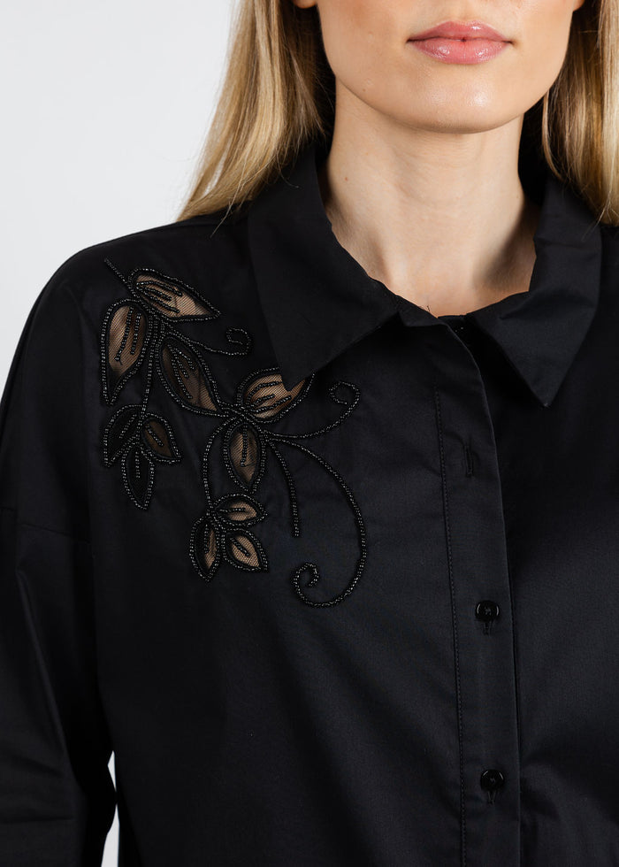 Leo & Ugo Beaded Flower Button Down Shirt in Black available at Barbara Katz