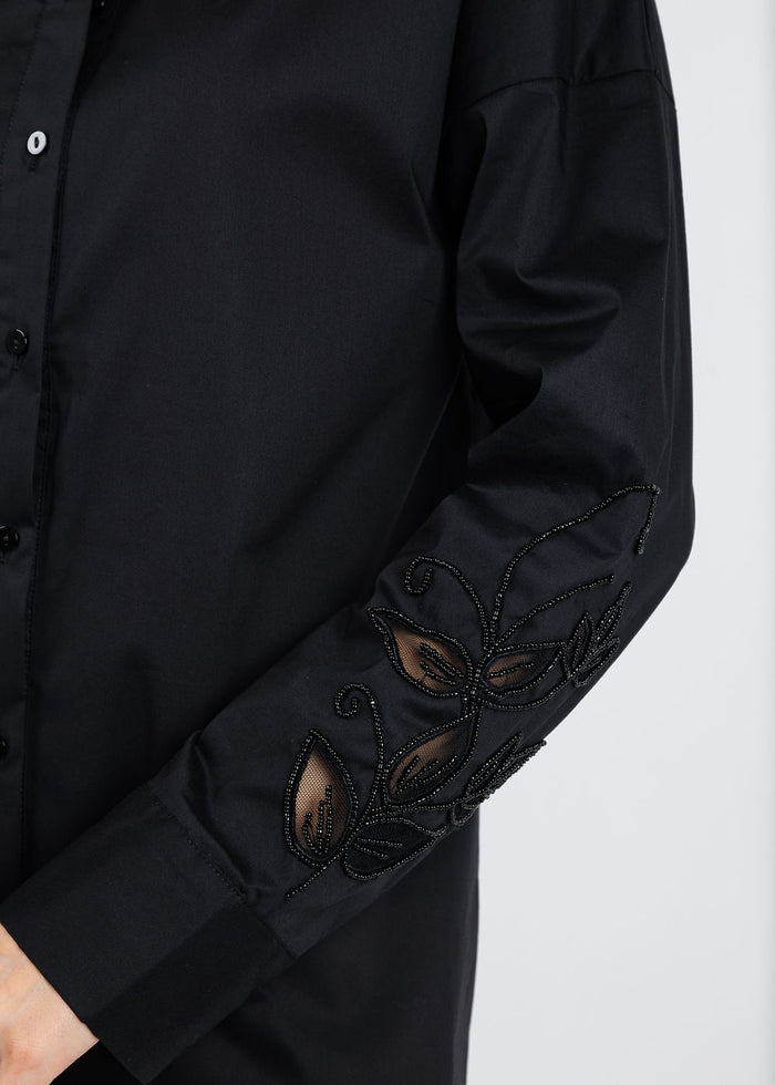 Leo & Ugo Beaded Flower Button Down Shirt in Black available at Barbara Katz