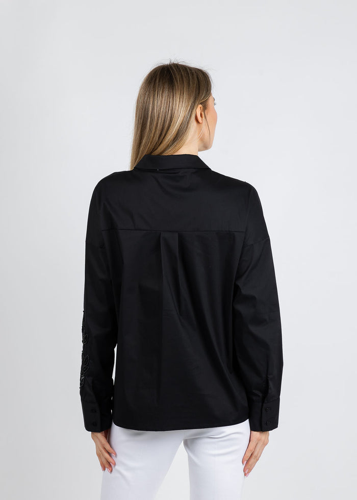 Leo & Ugo Beaded Flower Button Down Shirt in Black available at Barbara Katz