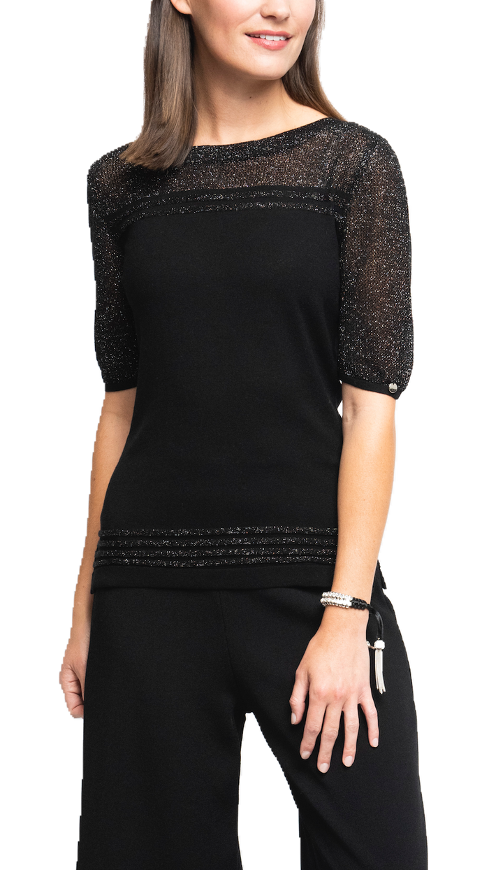 Biana Bella Short Sleeved Top with See-Through Detail on Shoulders and Sleeves - Black Shimmer available at Barbara Katz