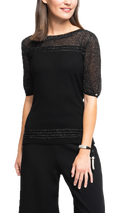 Biana Bella Short Sleeved Top with See-Through Detail on Shoulders and Sleeves - Black Shimmer available at Barbara Katz