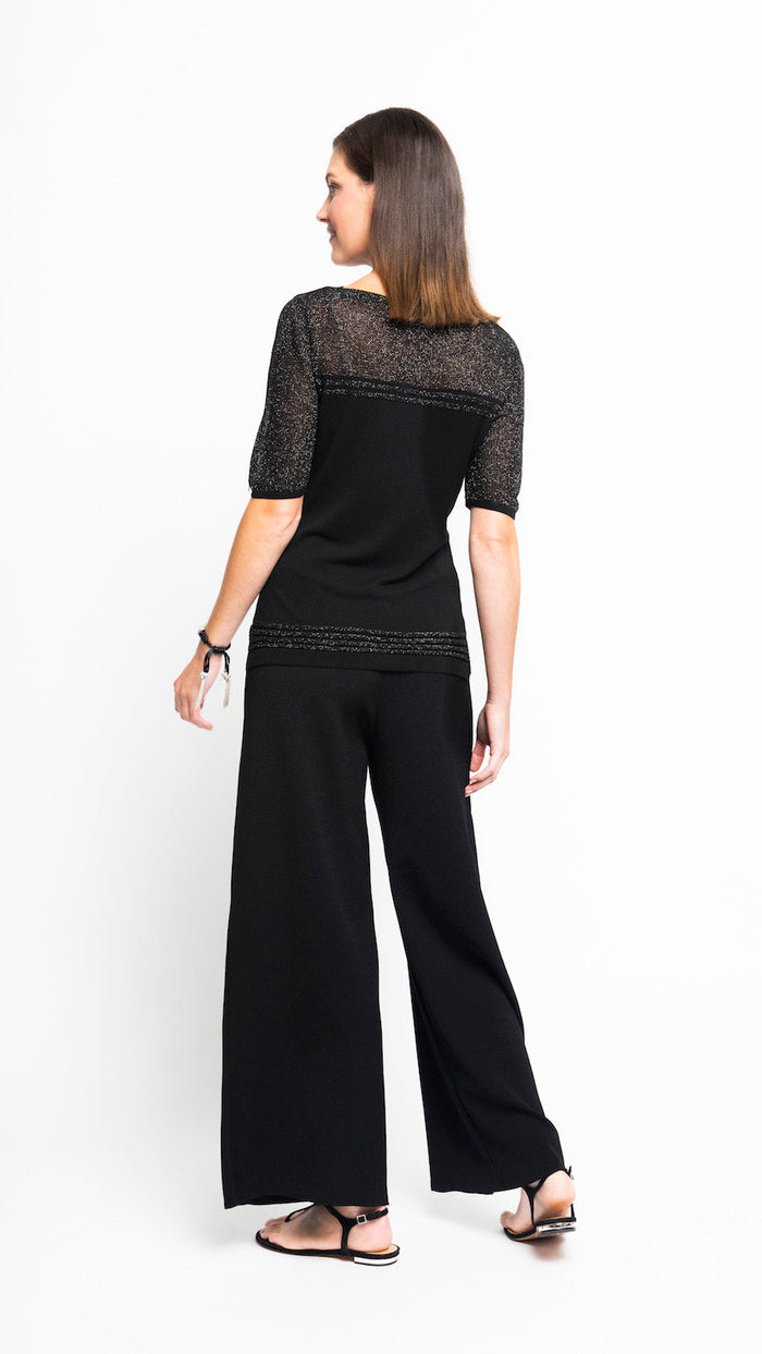 Biana Bella Short Sleeved Top with See-Through Detail on Shoulders and Sleeves - Black Shimmer available at Barbara Katz