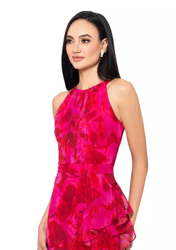 Betsy & Adam Halter Floral Chiffon Dress A26513