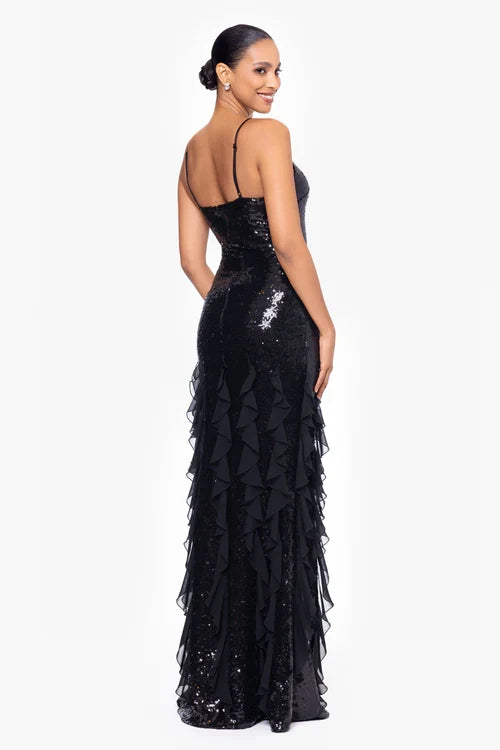 Betsy & Adam "Milan" Sequin Chiffon Ruffles Dress A26805