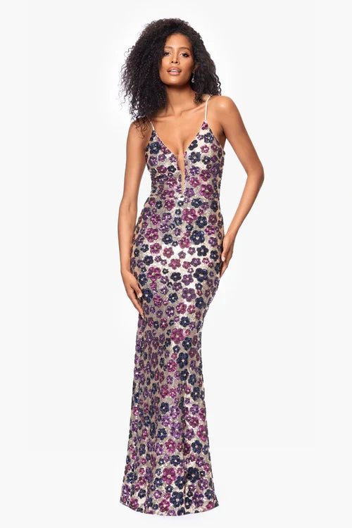 Betsy & Adam "Rava" Sequin V-Neck Floral Dress A26847