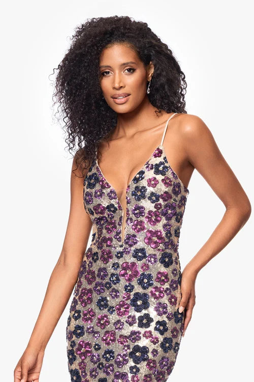 Betsy & Adam "Rava" Sequin V-Neck Floral Dress A26847