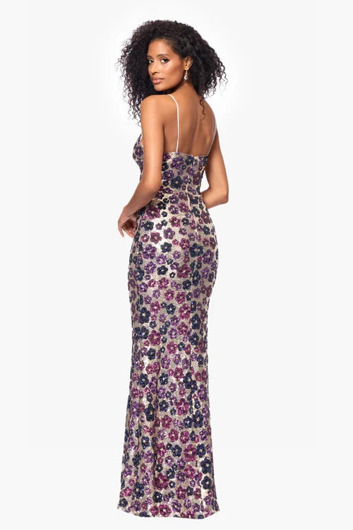 Betsy & Adam "Rava" Sequin V-Neck Floral Dress A26847