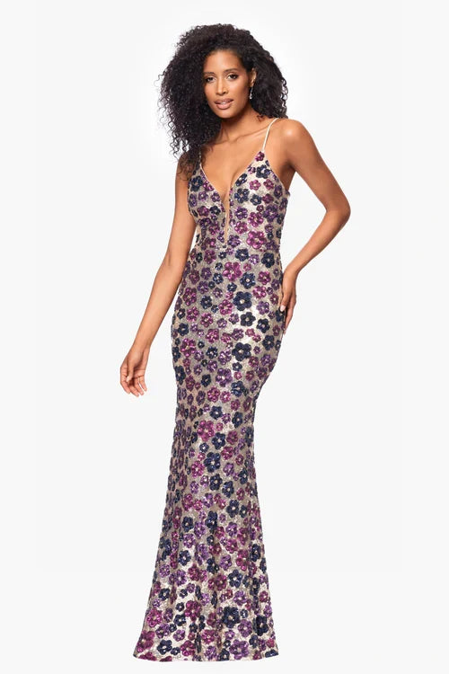 Betsy & Adam "Rava" Sequin V-Neck Floral Dress A26847