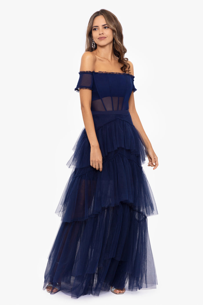 Betsy & Adam Ruffle Prom Dress A25047