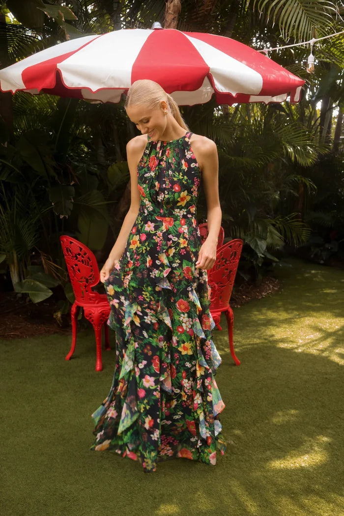 Betsy and Adam "Camille" Floral Print Chiffon Ruffle Dress A27102