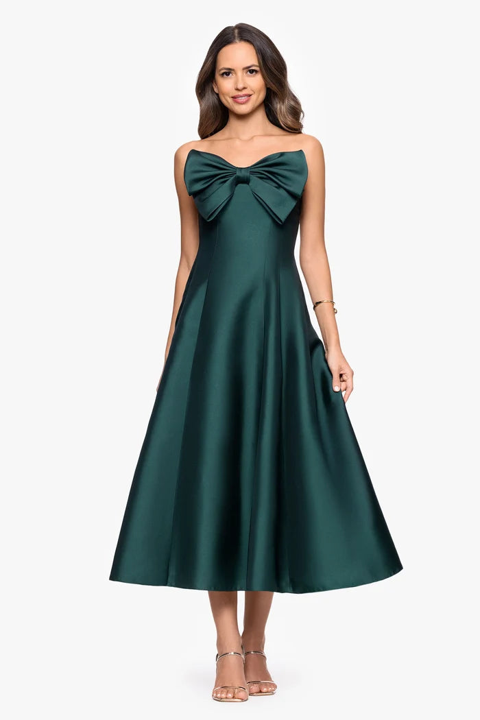 Betsy and Adam "Coulette" Satin Bow Strapless Midi Dress A27511