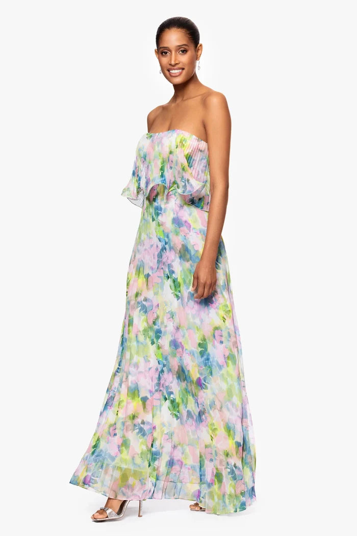 Betsy and Adam "Enid" Strapless Floral Chiffon Dress A27018