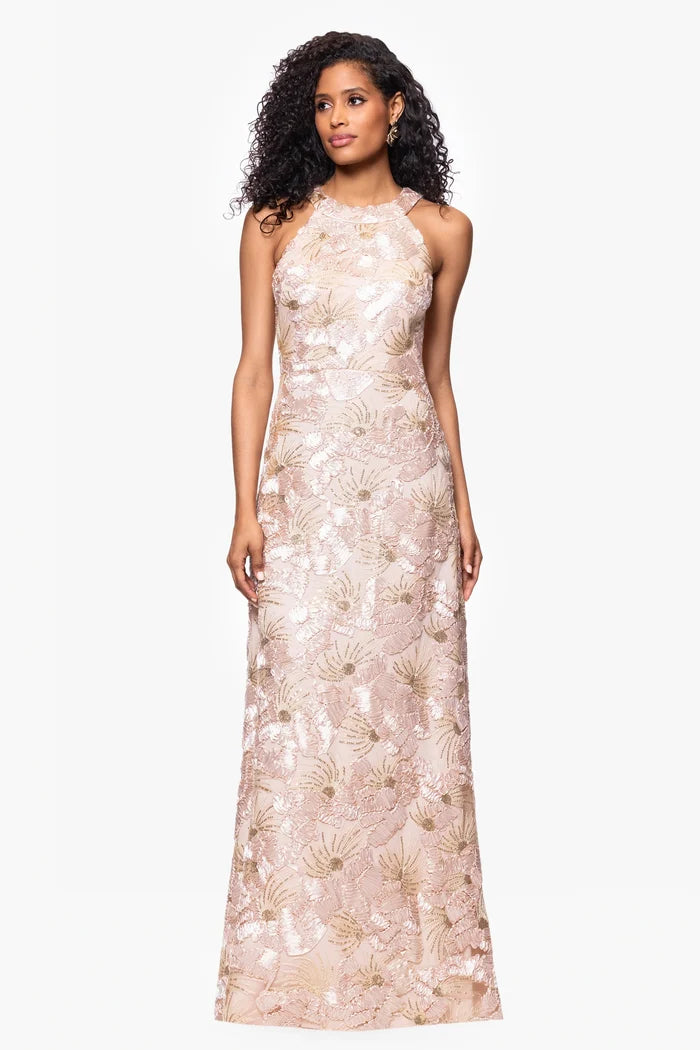Betsy and Adam "Fabiana" Halter Neck Soutache and Sequin Dress A27023