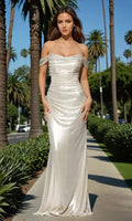 Betsy and Adam Glitter Knit Off the Shoulder "Tori" Gown A26921