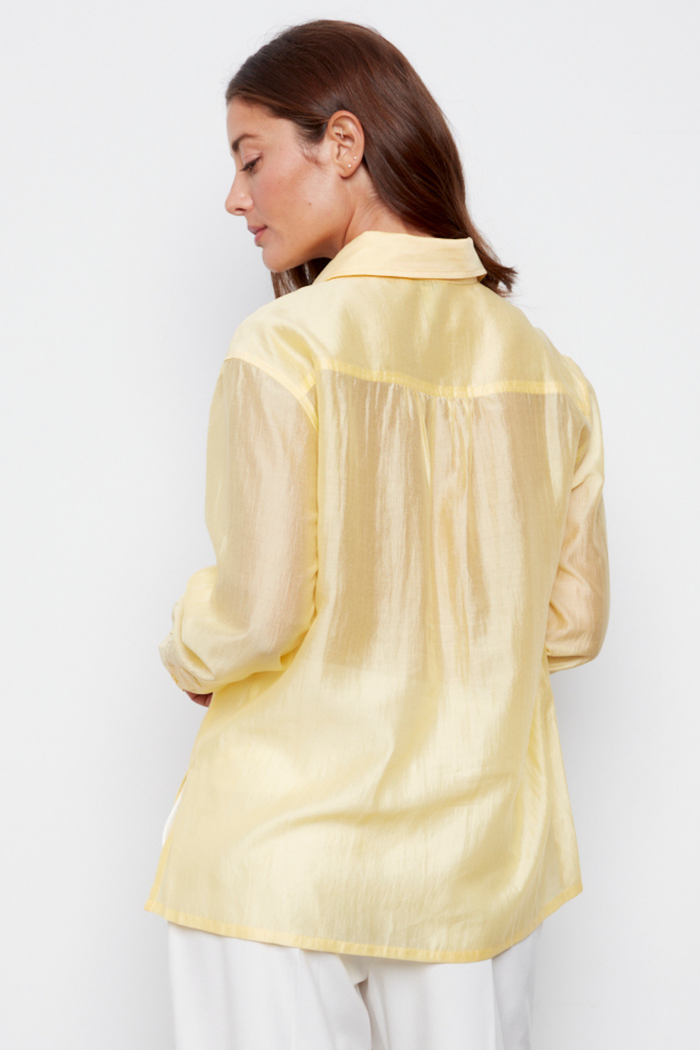 Adroit Atelier Bijou Semi-transparent Button-Front Shirt With Patch Pockets & Side Slits in Butter Yellow available at Barbara Katz