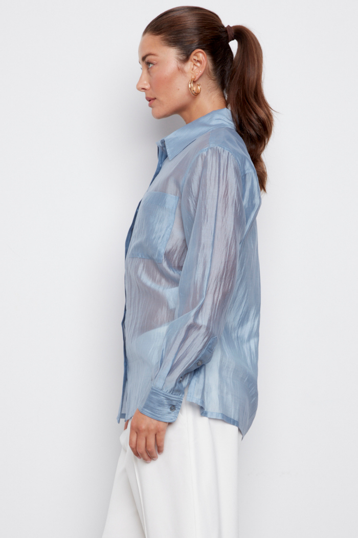 Adroit Atelier Bijou Semi-transparent Button-Front Shirt With Patch Pockets & Side Slits in Slate Blue available at Barbara Katz