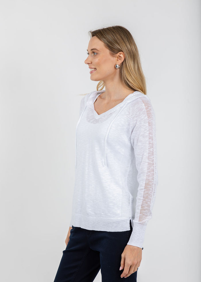 Elliott Lauren Boardwalk Hoodie Sweater With Mesh Detail in White available at Barbara Katz
