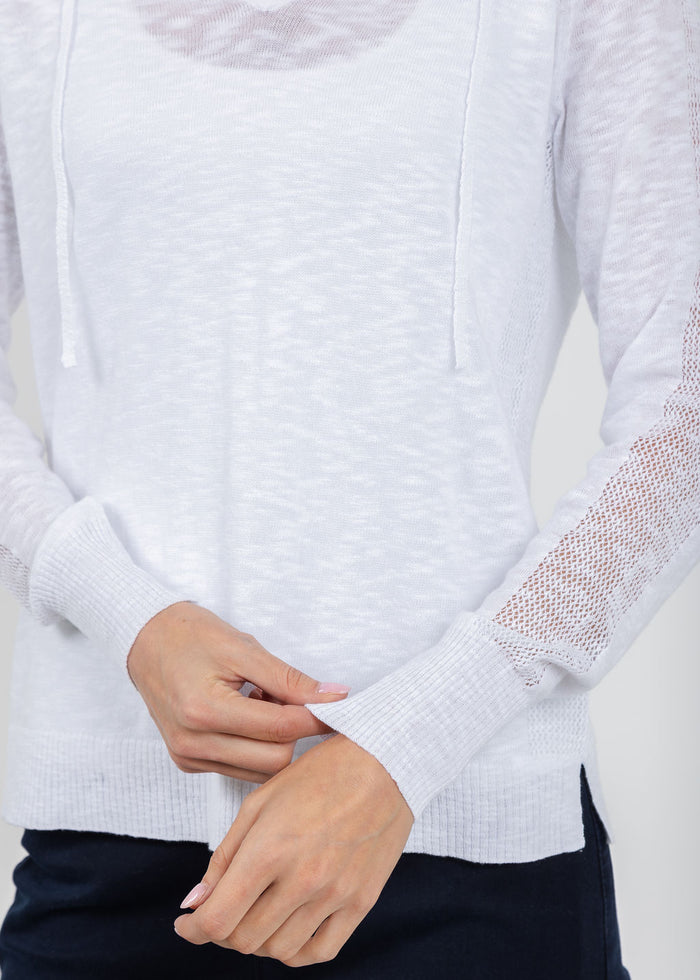 Elliott Lauren Boardwalk Hoodie Sweater With Mesh Detail in White available at Barbara Katz