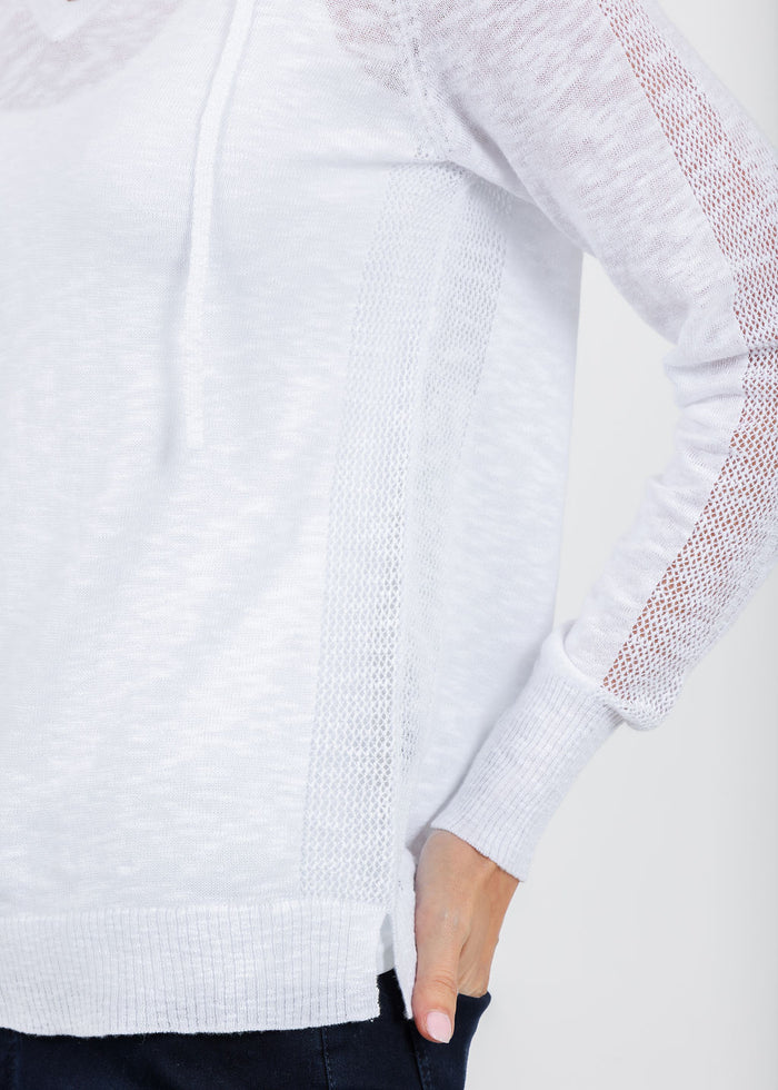 Elliott Lauren Boardwalk Hoodie Sweater With Mesh Detail in White available at Barbara Katz