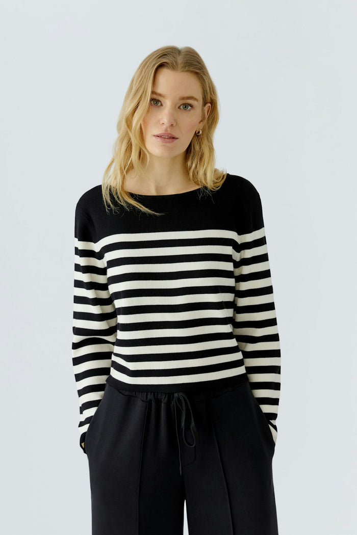 Oui Boat Neck Stripe Sweater in Black/Off White available at Barbara Katz