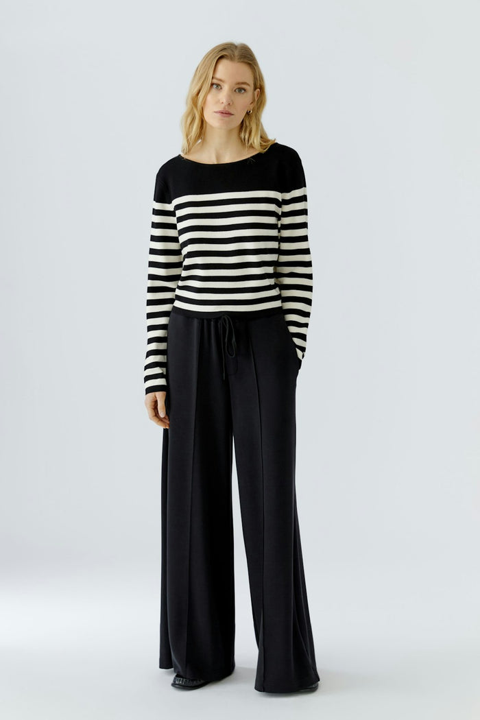 Oui Boat Neck Stripe Sweater in Black/Off White available at Barbara Katz