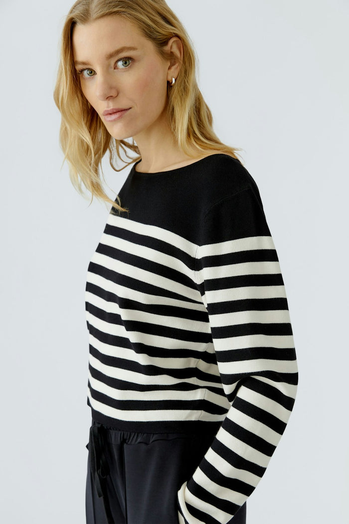 Oui Boat Neck Stripe Sweater in Black/Off White available at Barbara Katz