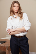Adroit Atelier Bradley Long Sleeve Button-Front Shirt With Side Slits in Sand/White Stripe available at Barbara Katz
