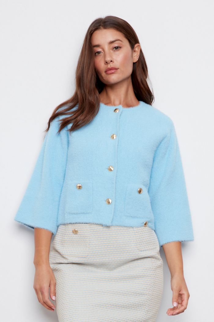Adroit Atelier Bronte Button-front Knitted Cardigan With Patch Pockets in Light Blue available at Barbara Katz