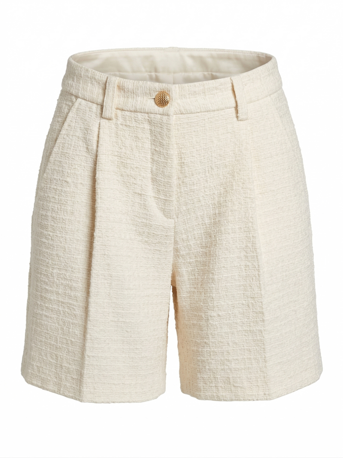 Adroit Atelier Calvin Textured Woven Shorts With Front Pleats in Cream available at Barbara Katz