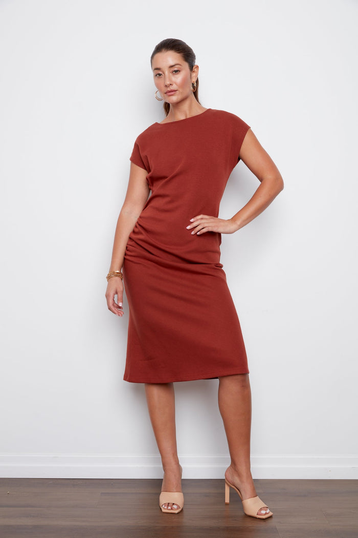 Adroit Atelier Cammy Jersey Cap Sleeve Dress With Shirring Detail in Picante available at Barbara Katz