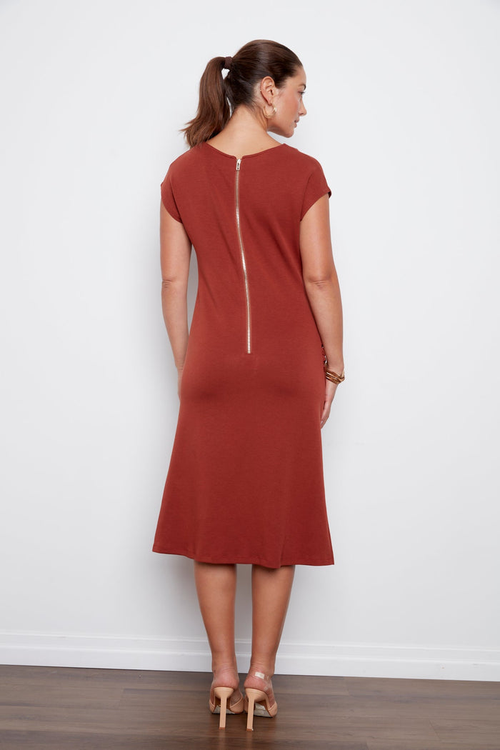 Adroit Atelier Cammy Jersey Cap Sleeve Dress With Shirring Detail in Picante available at Barbara Katz