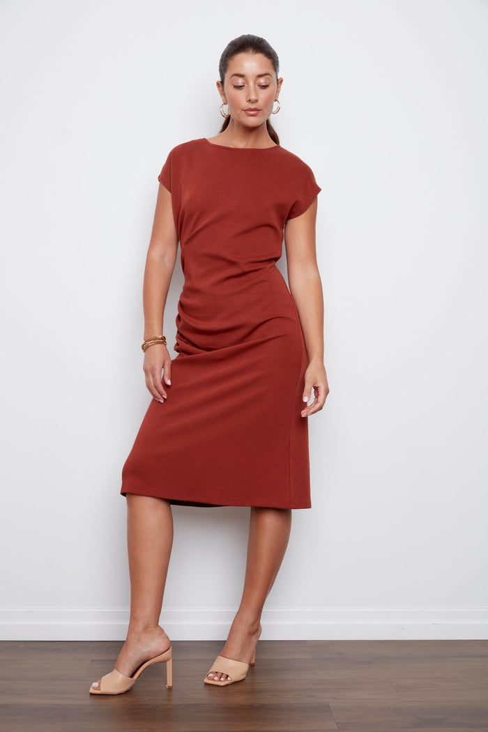 Adroit Atelier Cammy Jersey Cap Sleeve Dress With Shirring Detail in Picante available at Barbara Katz