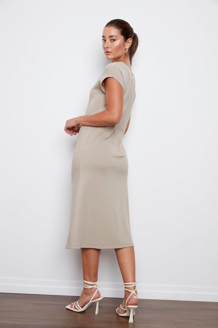 Adroit Atelier Cammy Jersey Cap Sleeve Dress With Shirring Detail in Taupe available at Barbara Katz
