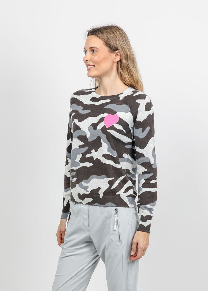 J Society Camo Heart Crew Sweater in Silver available at Barbara Katz