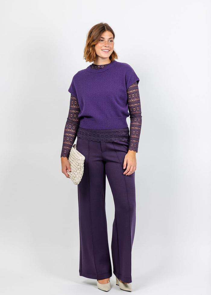 Oui Cap Sleeve Sweater in Ultra Violet with Mysterioso Turtleneck Lace Shirt underneath, paired with Mysterioso Scuba Pull-On Pants available at Barbara Katz