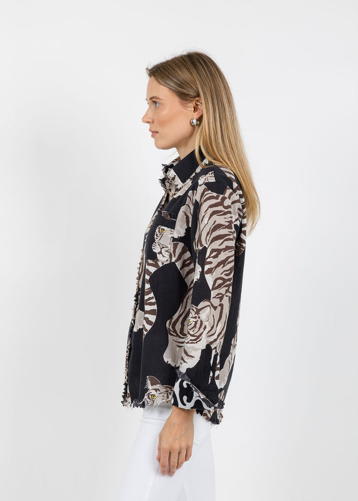 Dizzy-Lizzie Cape Cod Frayed Shirt in Big Cats Black available at Barbara Katz